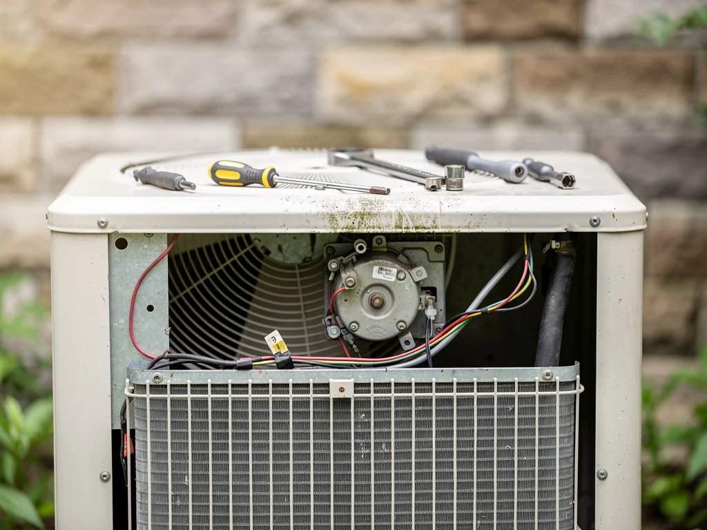 Ventilateur d'unité extérieure démonté pendant une réparation de climatisation